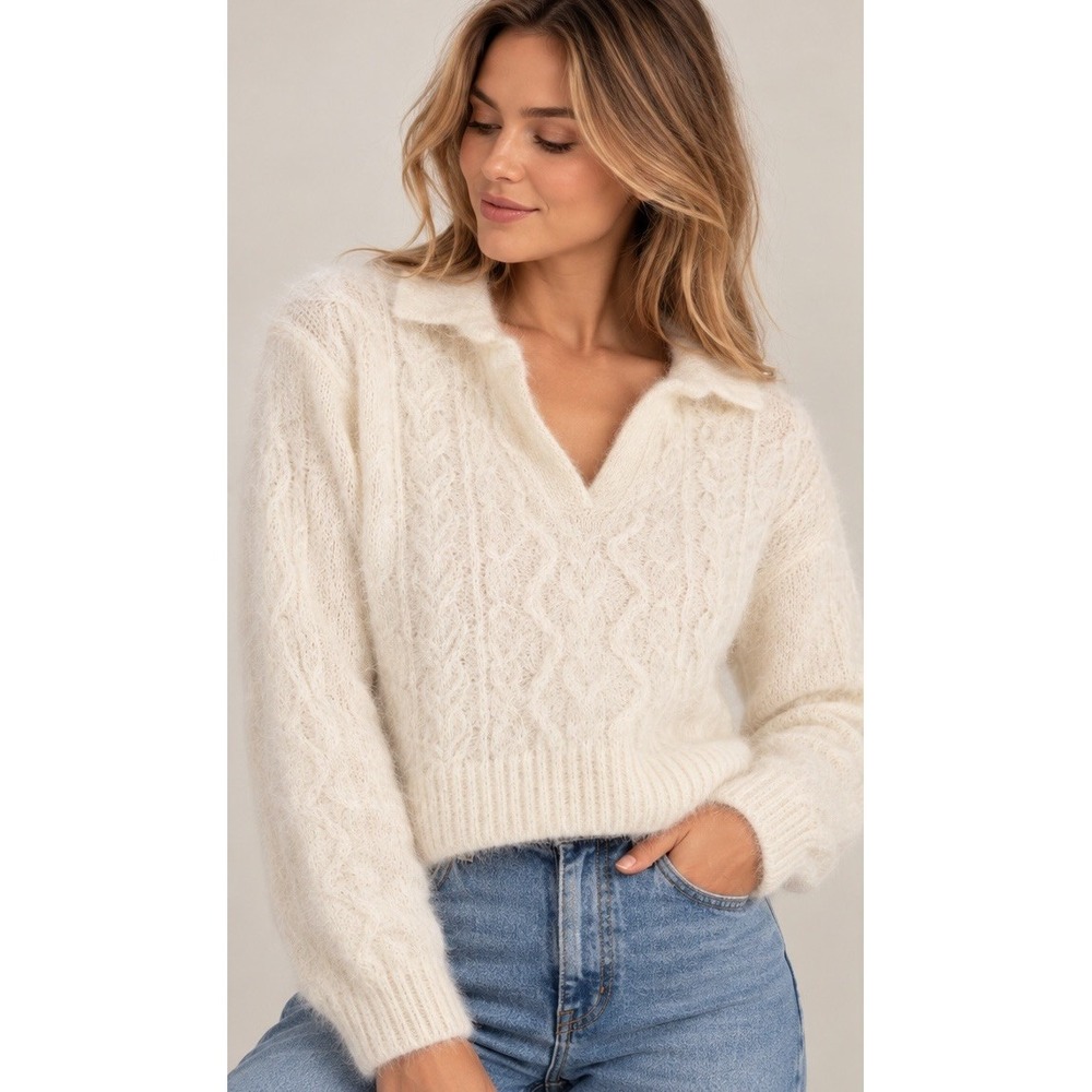 Samsoe Samsoe Neta Alpaca Sweater XS White Cable Knit Polo Collar Scandi Cozy